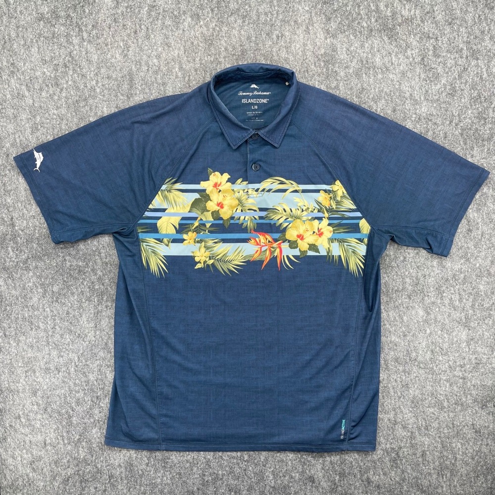 Tommy Bahama Shirt Mens Large IslandZone Navy Tropical Floral Polo UPF 30 Blue
